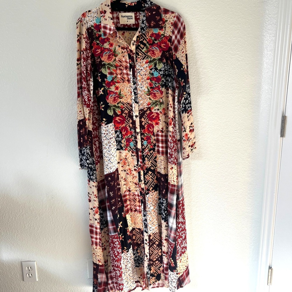 Savanna Jane Sz M‎ Quilted Patchwork Embroidered Floral Duster Maxi Shirt Dress